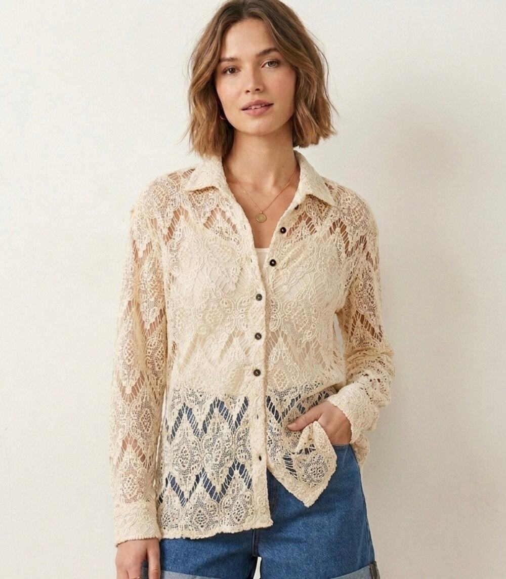 Free People XS Cream Lace Button Down Top Shirt Crochet Boho Sheer Festival